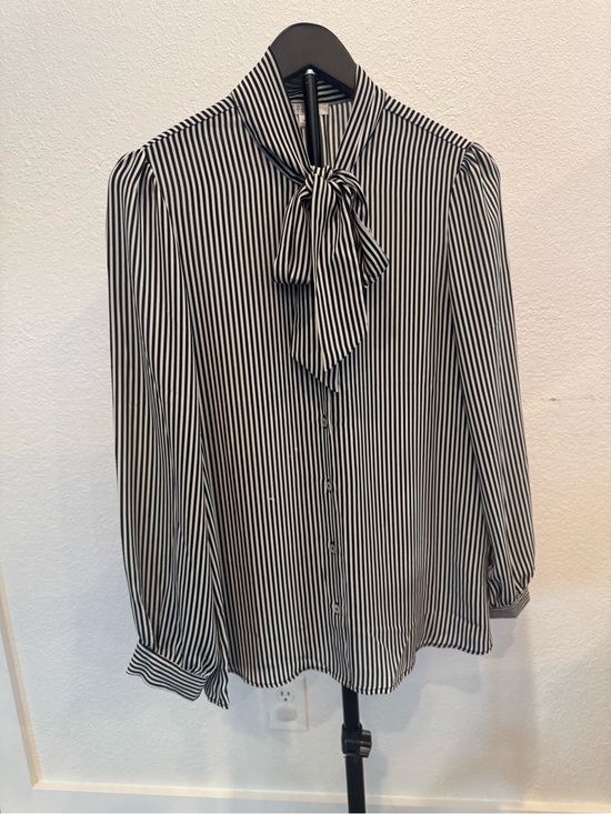 Spense Tops - Spense Black and White Vertical Stripe Tie-Neck Blouse